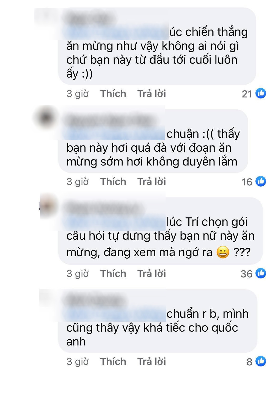 Đồng ý với quan điểm trên, bạn N.Q bình luận: "Lúc chiến thắng ăn mừng như vậy không ai nói gì chứ bạn này từ đầu đến cuối như vậy luôn".