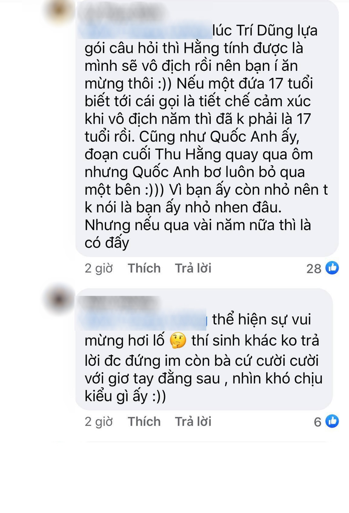 Nhưng thấy 3 bạn nam đều rất khiêm tốn, dè dặt trong từng hành động. Còn Hằng này thì có vẻ khá ngông nghênh, tự đắc và khinh thường đối thủ…" M.T cho biết thêm.