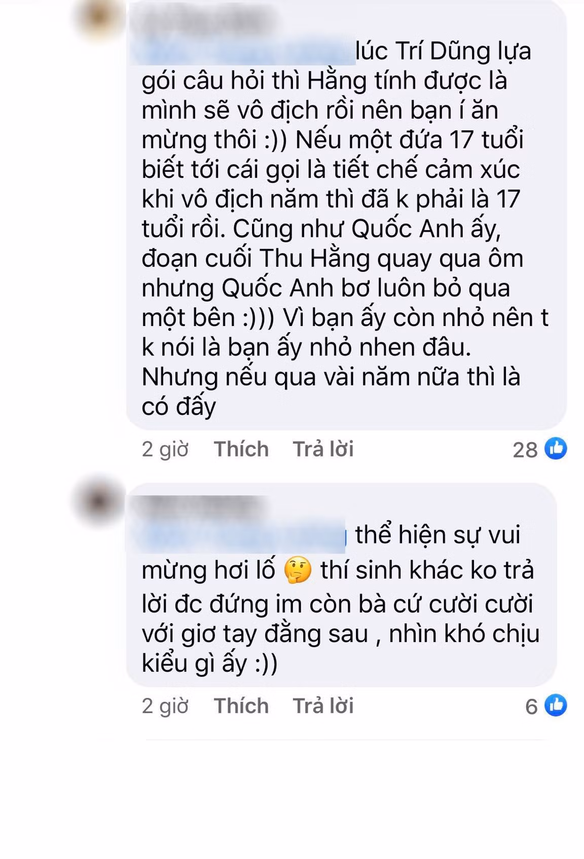 Nhưng thấy 3 bạn nam đều rất khiêm tốn, dè dặt trong từng hành động. Còn Hằng này thì có vẻ khá ngông nghênh, tự đắc và khinh thường đối thủ…" M.T cho biết thêm.