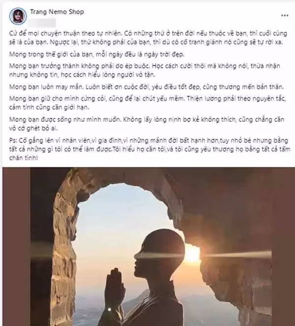 Mới đây trên trang cá nhân, Trang Nemo có động thái gây chú ý. Lần lên sóng này, không phải khoảnh khắc ăn mặc lộng lẫy, cô đăng ảnh một ni cô đang chắp tay hướng Phật.