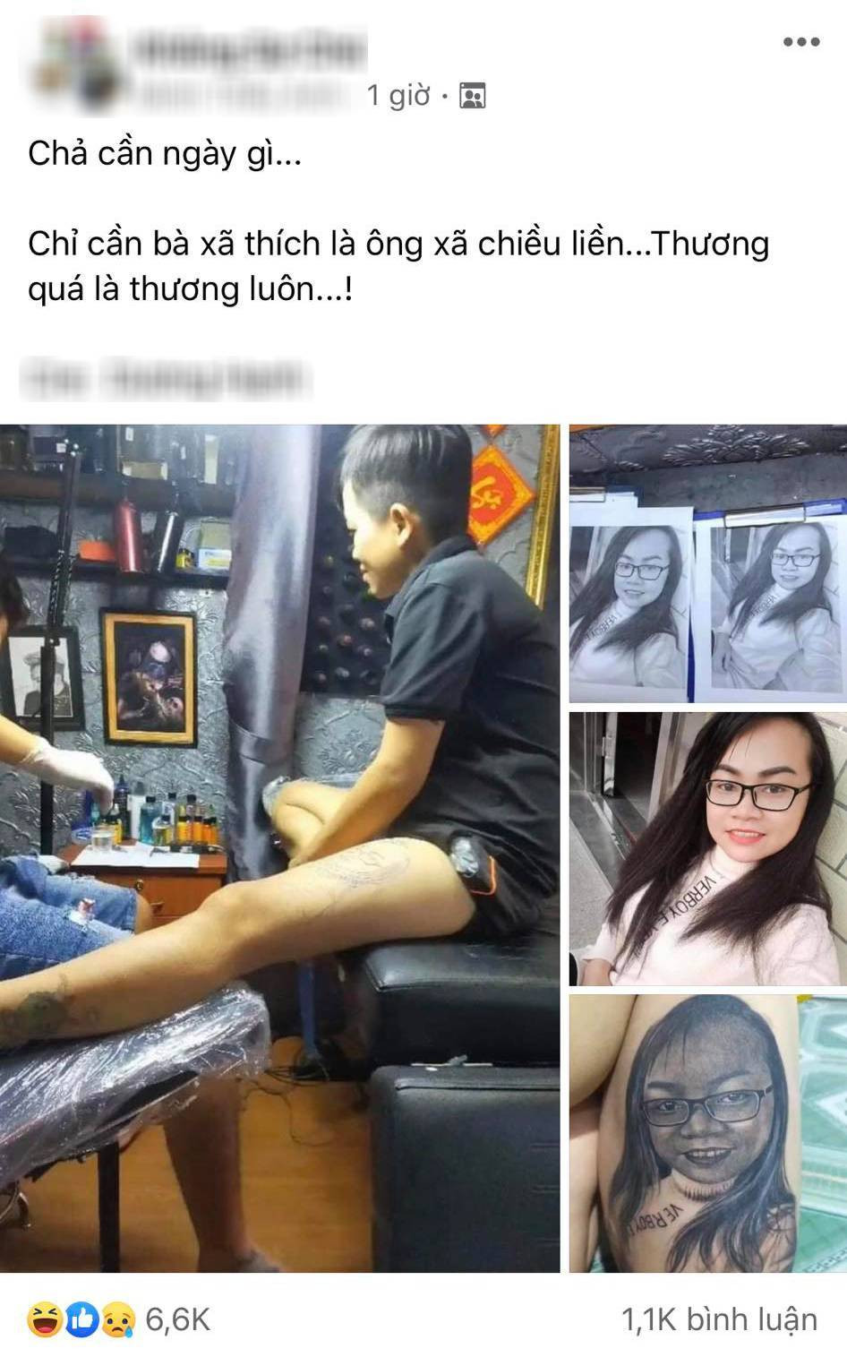 Mới đây, các netizen đã không biết nên khóc hay cười trước sự việc một chàng trai đến cửa hàng để nhờ thợ xăm chân dung vợ lên đùi.