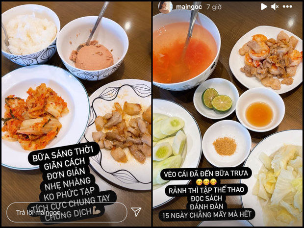 Trong ngày đầu Hà Nôi giãn cách xã hội, Mai Ngọc chuẩn bị những bữa ăn khá đơn giản, không cầu kì và kêu gọi mọi người cùng nhau chống dịch.
