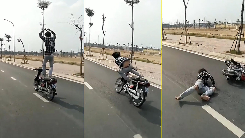 Việc các thanh niên "làm xiếc" trên xe máy khi tham gia giao thông không còn quá hiếm trên mạng xã hội. Đa phần những pha thể hiện này đều nhận cái kết đắng lòng và ngay sau khi xuất hiện đều vấp phải chỉ trích nặng nề từ các netizen.