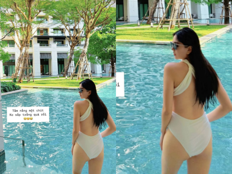 Mai Ngọc diện bộ đồ bơi không quá hở bạo nhưng đủ khoe được bờ vai mảnh, tấm lưng, vòng 3 và đôi chân nuột.