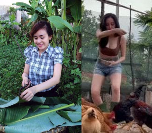 Bà Tưng luôn nâng kịch tính lên với những màn làm nông như chặt chuối, nhổ sắn, cho chó ăn cơm với những chiếc áo 2 dây cổ vuông. Dù mặc ngắn nhưng cô cũng giải thích rằng, mình luôn đầy đủ phụ tùng 2 lớp.