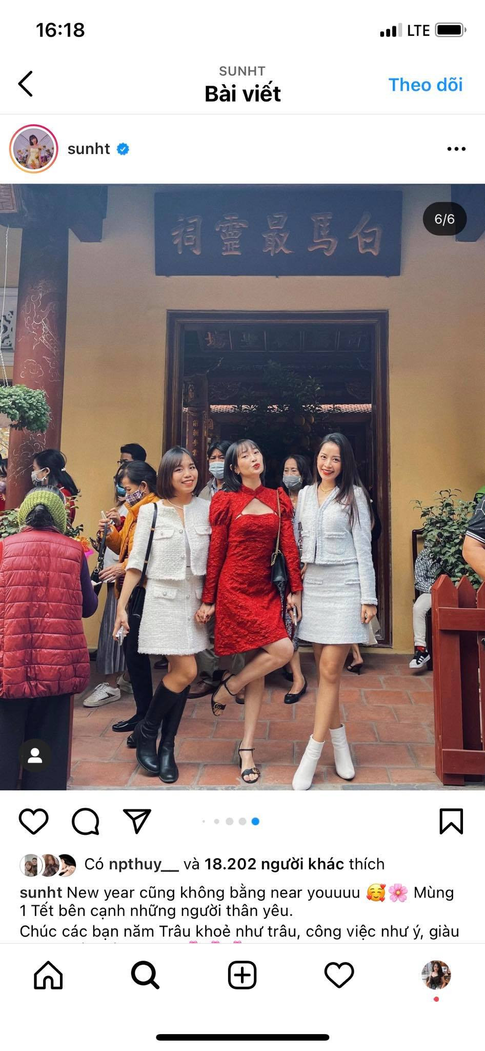 Nhân vật gặp phản ứng của dân mạng khi bị cho là ăn mặc phản cảm đi chùa là Sun Ht khi cùng xuất hiện với Chi Pu và 1 người bạn khác trong ngày đầu năm. Ảnh: Chụp màn hình Instagram nhân vật