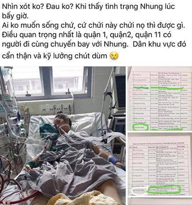 Tuy nhiên, nhiều thành viên mạng chia sẻ bức ảnh nữ bệnh nhân nằm trên giường bệnh, phải thở bằng máy và dây dợ chằng chịt xung quanh. Kèm theo ảnh là dòng caption khẳng định nhân vật đang nằm bất động kia chính là Nguyễn Hồng Nhung - cô gái nhiễm COVID-19 tại Hà Nội mới đây.