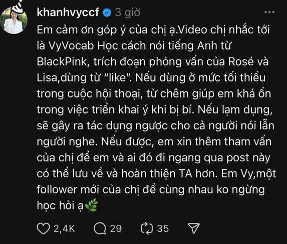 Trái với quan điểm của Khánh Vy, nhiều người cho rằng việc sử dụng từ đệm nghe tưởng sang nhưng thực tế chỉ khiến người nghe đánh giá bạn nói mà không suy nghĩ kỹ, bí từ vựng, lắp bắp và không rõ ràng.