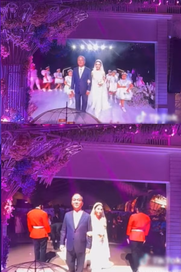 Bên cạnh khung cảnh sang chảnh, khoảnh khắc xúc động giữa đấng sinh thành và các con đăng tải trên kênh TikTok K. cũng khiến nhiều người chú ý, đặc biệt là khi người cha ân cần cầm tay con gái dẫn vào lễ đường.