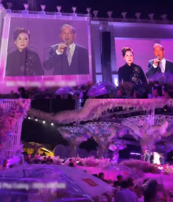 Ở buổi lễ, đại gia bất động sản phát biểu: "2 con đã hoàn thành chương trình thạc sĩ ở nước ngoài và về làm việc ở công ty hơn 5 năm qua. Hai đứa rất chăm chỉ, chịu khó và luôn làm tốt công việc được giao. Hôm nay, 2 đứa chính thức kết hôn, gia đình chúng tôi vô cùng hạnh phúc. Chúc hai con luôn thật vui vẻ và yêu thương lẫn nhau, sống với nhau trọn đời".