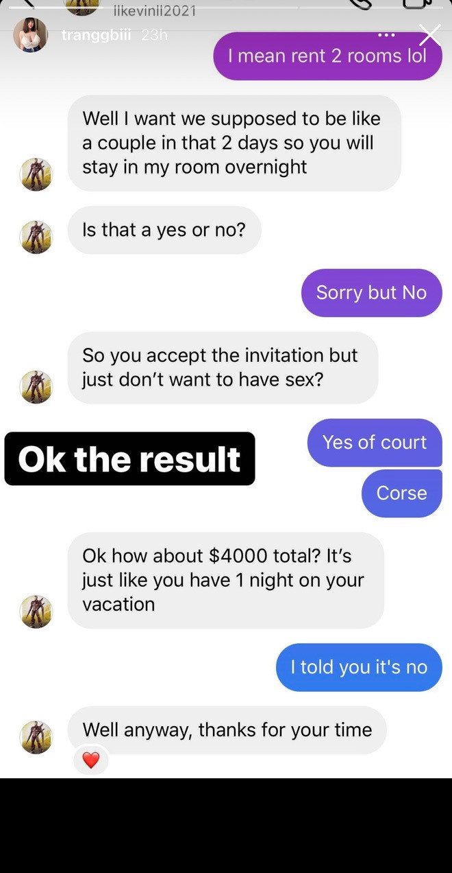 Chưa hết, người lạ còn hứa nếu Thu Trang đồng ý thì sẽ chuyển trước 1.500 đô để chứng minh mình nói sự thật, bao giờ cả hai gặp nhau sẽ chuyển nốt phần tiền còn lại.