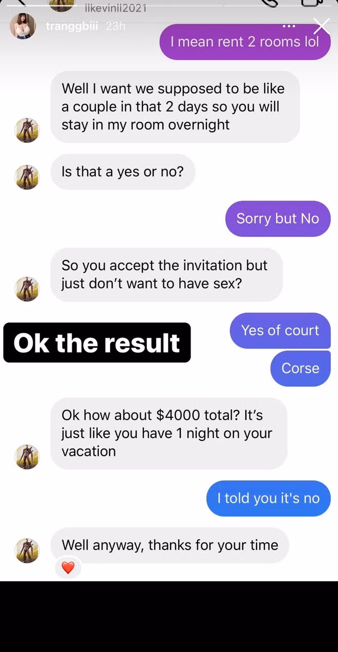 Chưa hết, người lạ còn hứa nếu Thu Trang đồng ý thì sẽ chuyển trước 1.500 đô để chứng minh mình nói sự thật, bao giờ cả hai gặp nhau sẽ chuyển nốt phần tiền còn lại.