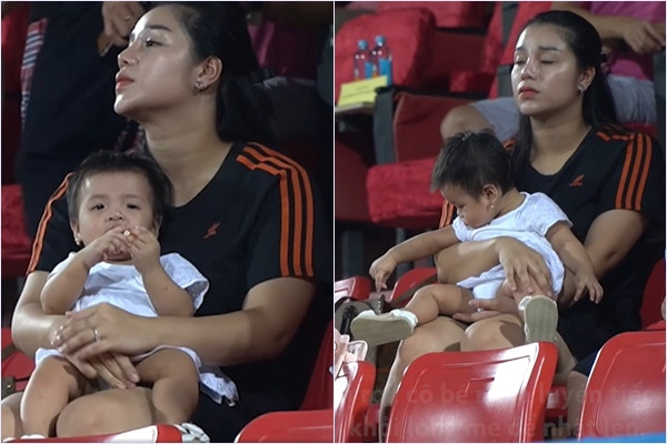 Khánh Linh cùng gái một con cũng lặn lội theo chồng ở rất nhiều sân bóng và lần nào xuất hiện là cô lại để lộ dấu hiệu ngày một tăng cân.