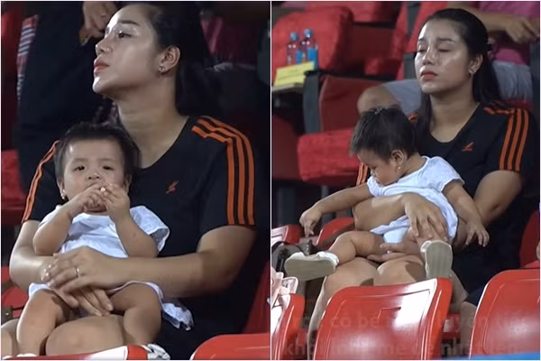 Khánh Linh cùng gái một con cũng lặn lội theo chồng ở rất nhiều sân bóng và lần nào xuất hiện là cô lại để lộ dấu hiệu ngày một tăng cân.