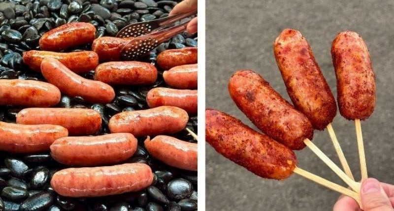 Điểm đặc biệt của lạp xưởng nướng đá nằm ở việc sử dụng nguyên liệu lạp xưởng tươi, thay cho loại sấy khô đóng gói thường thấy. Khi nướng, lớp vỏ trở nên giòn dai, dậy mùi thơm nức mũi, trong khi phần thịt bên trong mềm ẩm, béo ngậy, thấm đượm gia vị. Hương vị hòa quyện khiến thực khách khó lòng chối từ.