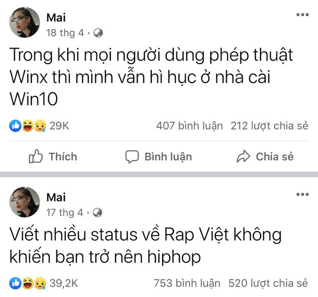 Không chỉ gây chú ý bằng những sản phẩm âm nhạc, Mai Âm Nhạc còn được mọi người yêu quý bởi những status lầy lội trên trang cá nhân. Điển hình như việc cô nàng nói về các trào lưu trên MXH hay góc nhìn của mình về Rap Việt.