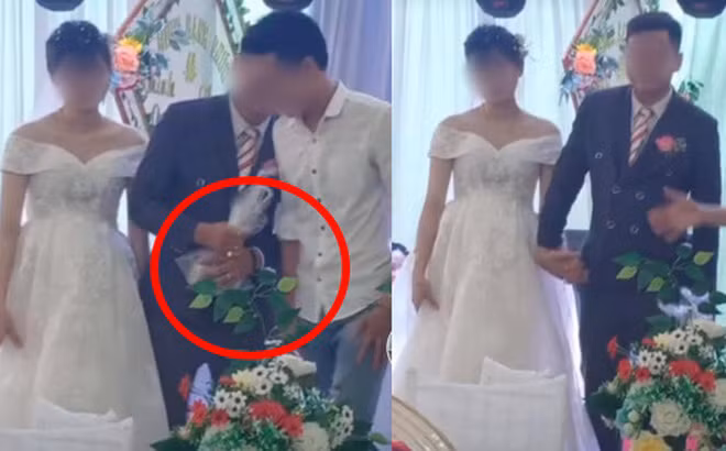 Sau khi xử lý xong màn troll của người bạn, chú rể vội cầm lấy tay cô dâu.