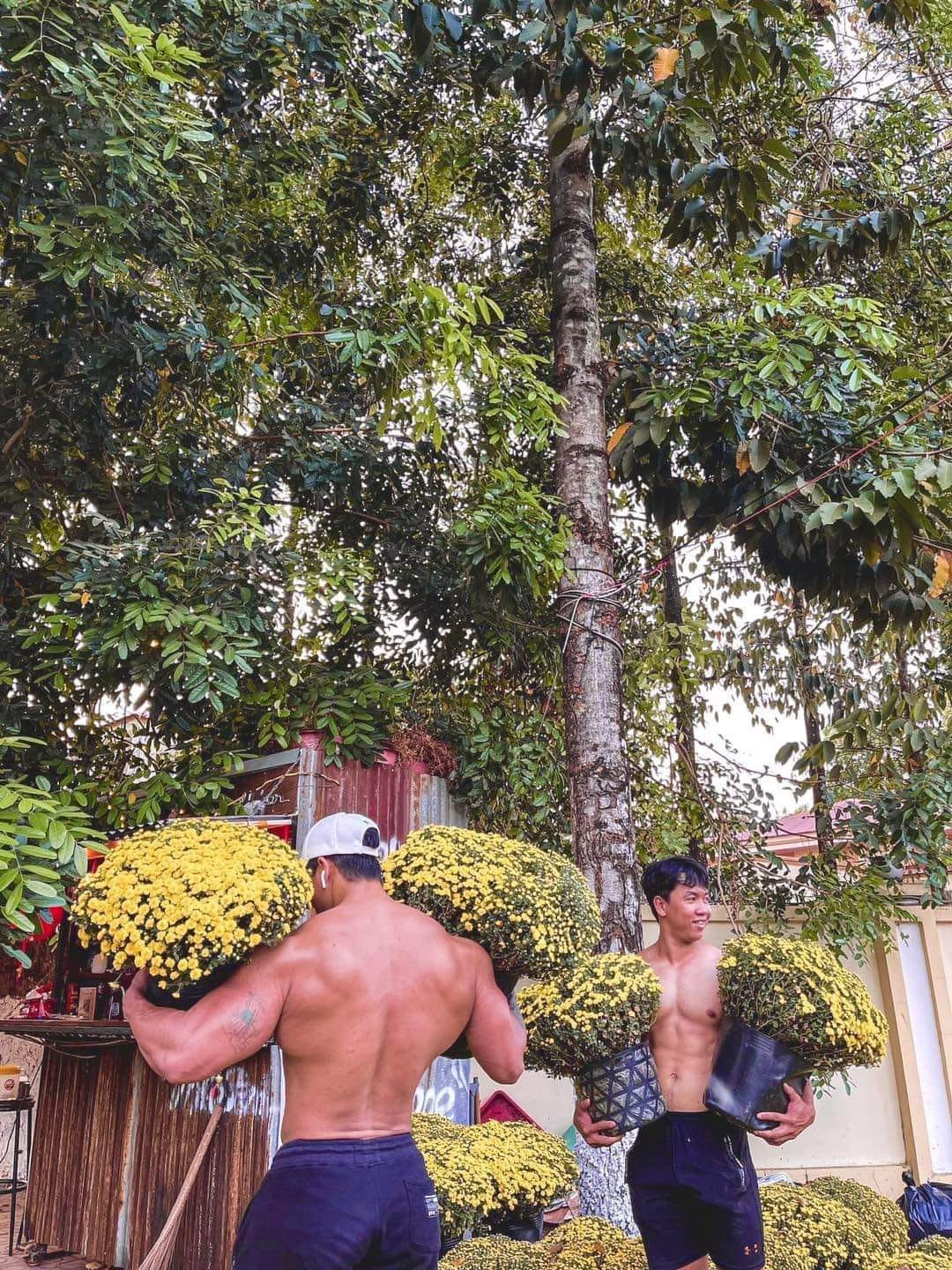 Theo một số dân mạng tìm hiểu, cặp đôi cơ bắp cuồn cuộn này bán hoa phục vụ Tết tại Long Thành - Đồng Nai, phía sau trường Nguyễn Đức Ứng.