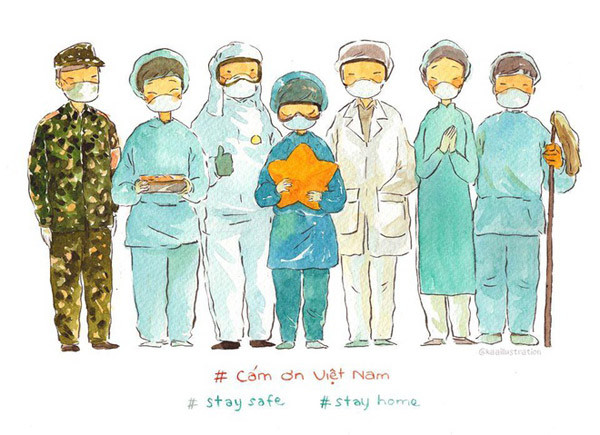 Trước đó, không ít những hình ảnh, tranh vẽ đẹp khắc họa lại sự hy sinh, cố gắng của các nhân viên y tế, các quân nhân gồng mình lên vì đất nước để chống dịch Covid-19.
