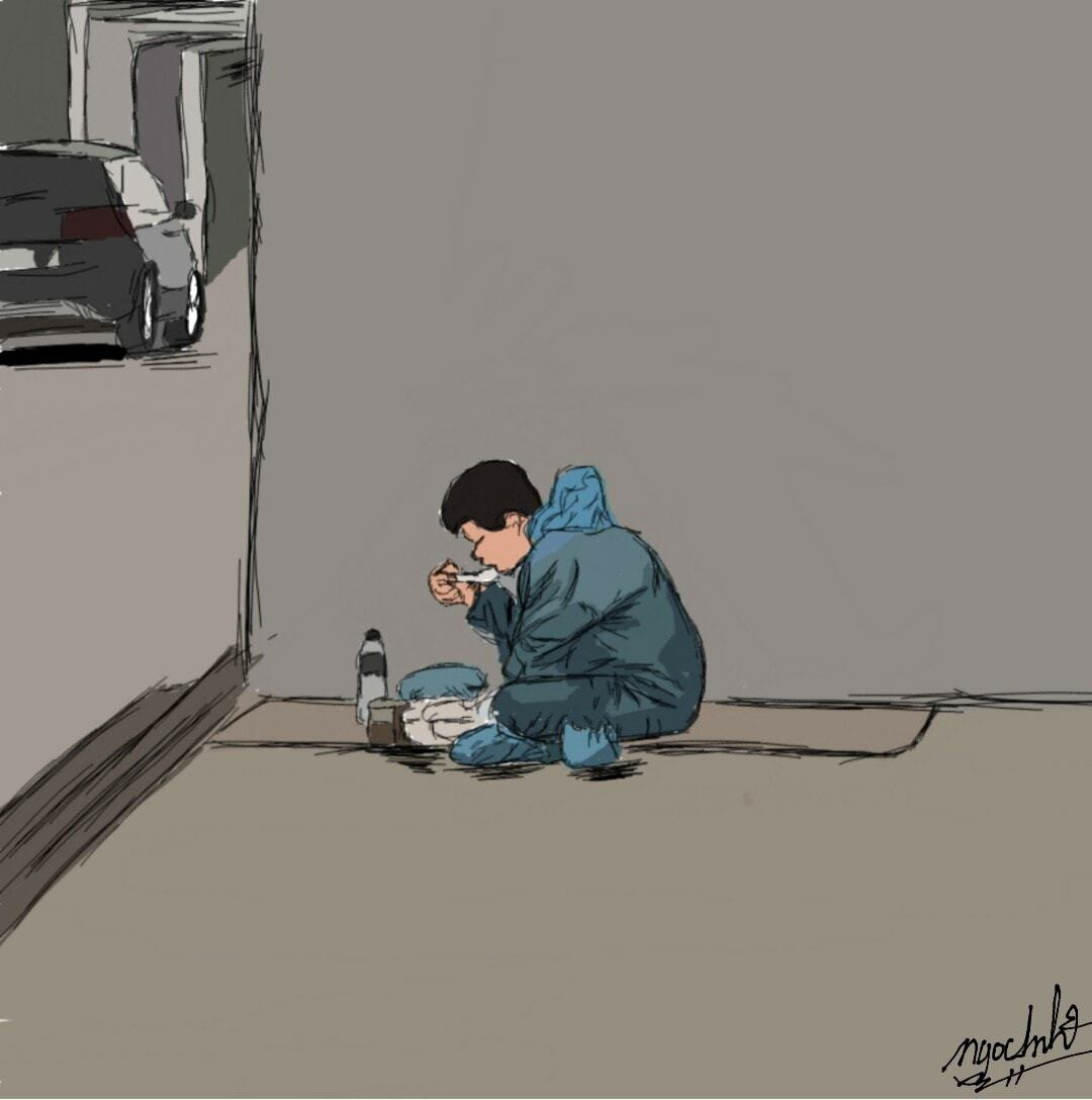 Chia sẻ về những bức tranh có tên "Những anh hùng thầm lặng thời Covid-19", Ngọc Anh chia sẻ: "Từ Tết đến giờ vì Covid-19 mà mình phải nghỉ học. Ngày ngày lướt Facebook mình thấy mọi người ở tiền tuyến đang ngày đêm nỗ lực chống dịch, đôi khi kiệt sức, chỉ kịp nằm nghỉ vội rồi tiếp tục làm việc...