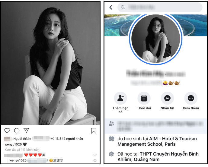 Một trường hợp sống ảo cực sâu khác là tài khoản Facebook có tên T.K.M. Cô nàng có profile rất sáng sủa và chi tiết như từng học tại trường chuyên Nguyễn Bỉnh Khiêm, sống ở Hà Nội và hiện đang học tại Pháp. Thế nhưng tất cả ảnh lại lấy của 1 hot girl nổi tiếng tại Trung Quốc có tài khoản Instagram tên @wenyu1025.