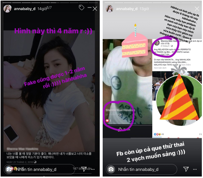 Theo tìm hiểu của Trang Anna, tài khoản fake ở tận Philippines, up hẳn hình "bạn trai" nào đó quen nhau đã được 6 tháng và từng vui mừng thông báo đã có bầu, que thử thai 2 vạch rõ mồn một.