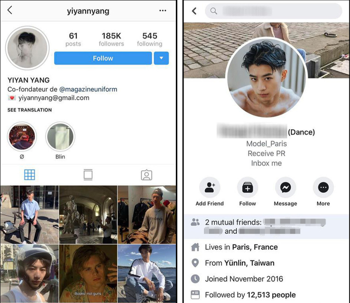 Không chỉ các gái xinh mà hội hot boy cũng bị giả mạo. Chẳng hạn như trường hợp một tài khoản Facebook tên Y.H với profile xịn sò là con lai Việt - Trung, đang sống ở Pháp và sở hữu hàng chục nghìn lượt follow lại dùng ảnh của một hot boy Trung Quốc tên @yiyannyang.