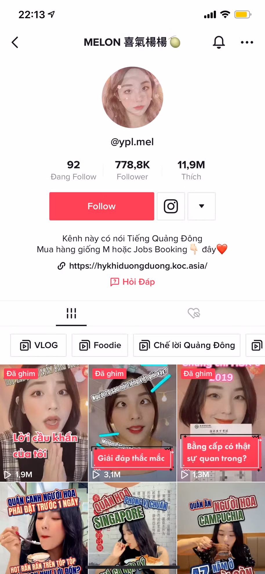 Hiện tại, kênh TikTok Hỷ Khí Dương Dương của Melon vượt mốc hơn 700.000 lượt theo dõi cùng rất nhiều video “triệu view”. Những video của cô nàng đều mang nội dung đa dạng về văn hoá, ẩm thực của người Hoa sinh sống tại Việt Nam.