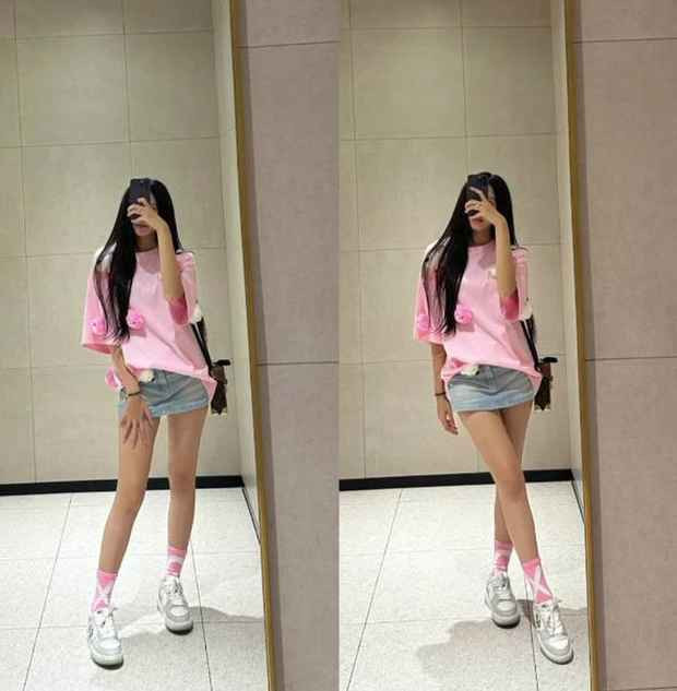 Trước sự kiện trọng đại của cuộc đời, Doãn Hải My gây chú ý với nhan sắc xinh đẹp, thanh thuần cùng phong cách thời trang khoẻ khoắn, năng động. Cô nàng khoe ảnh diện áo phông hồng dễ thương kết hợp cùng váy bò.