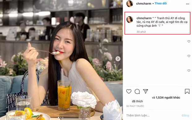 Mới đây, hot girl Vũ Ngọc Châm khiến dân tình vừa ngưỡng mộ, vừa ghen tị khi khoe loạt ảnh do mẹ của người yêu chụp. Cô nàng viết: "Tranh thủ anh yêu đi công tác, rủ mẹ anh yêu đi cafe, ai ngờ tìm được cạ cứng chụp ảnh".