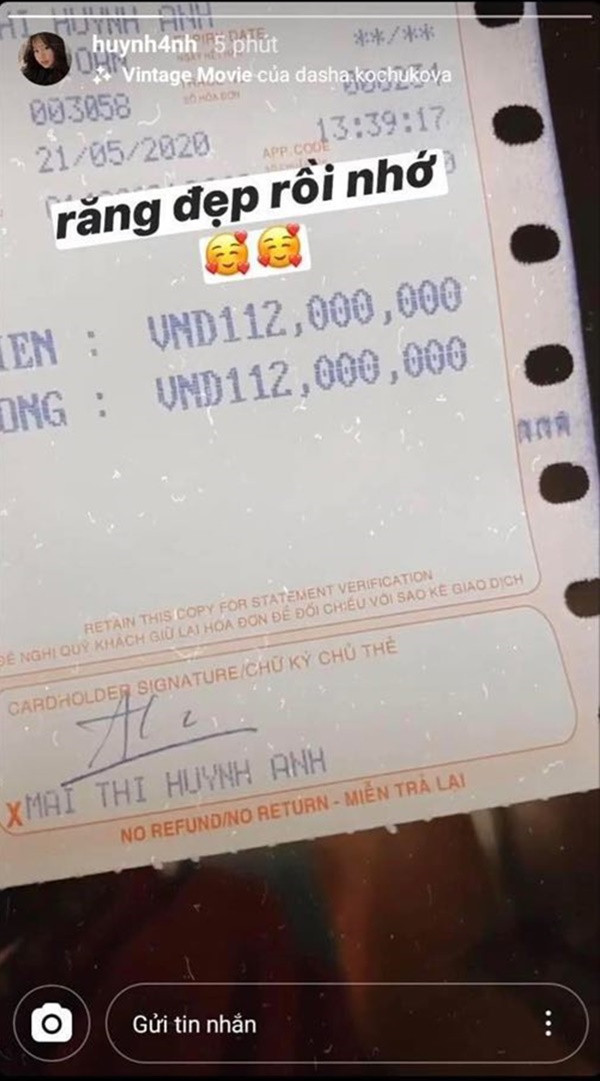 Trước những ý kiến chê bai về ngoại hình, Huỳnh Anh không hề lên tiếng song cũng có những động thái ngầm đáp trả những lời mạt sát. Mới đây nhất, trên story Instagram, bạn gái Quang Hải đã đăng tải hình ảnh là một biên lai có giá 112 triệu đồng kèm dòng caption ẩn ý: "Răng đẹp rồi nhé".