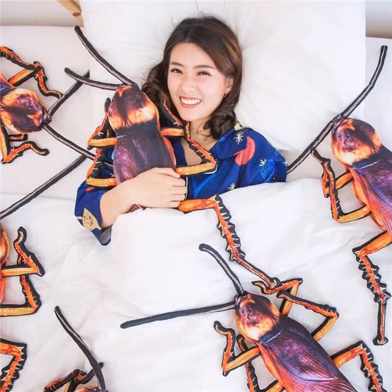 Theo tìm hiểu, những chiếc gối ôm hình con gián trên có tên gọi Peter. Chúng có kích thước to gấp hàng trăm lần so với những con gián thông thường, màu sắc và các bộ phận như chân, đầu, râu,... đều giống y như thật.