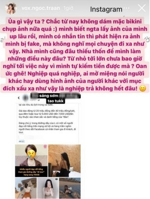 Cụ thể, trên cá nhân của hot girl Võ Ngọc Trân đã vô cùng bức xúc khi hình ảnh của cô được một trang tin sử dụng để minh họa cho title: "Nhiều người đẹp nổi tiếng tham gia đường đây "đi tour" hạng sang 7000$ và được một tài khoản mạng chia sẻ lại trên Facebook.