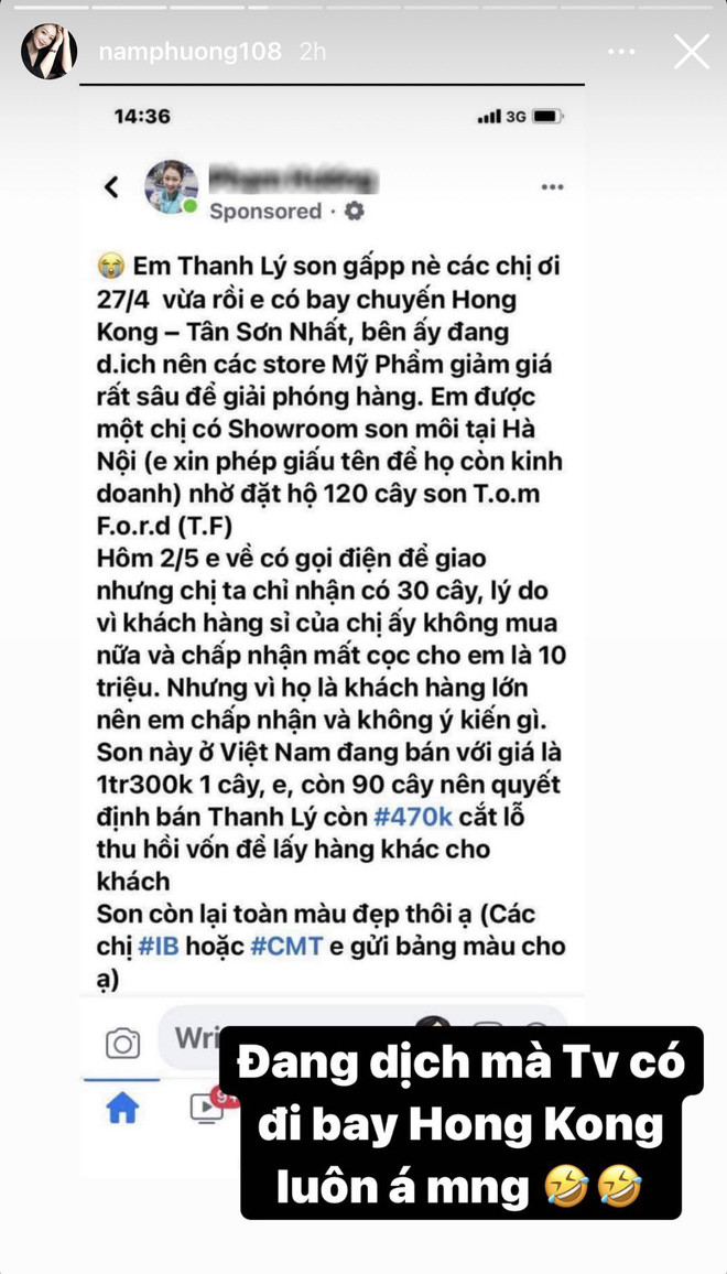 "Em thanh lý son gấp nè các chị ơi. 27/4 vừa rồi em có bay chuyến Hongkong - Tân Sơn Nhất. Bên ấy đang dịch nên các store Mỹ giảm giá rất sâu để giải phóng hàng..." là 1 trong vô vàn những status mời gọi bán hàng mà fanpage giả danh nữ tiếp viên hàng không Vietnam Airlines - Nam Phương đăng tải.