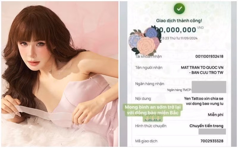 Yến Tattoo cũng giả mạo ảnh màn hình chuyển khoản ủng hộ đồng bào bị ảnh hưởng do bão Yagi. Cô từng khoe bill ủng hộ với dãy chữ số lấp ló khiến nhiều người cho rằng con số phải đến hàng trăm triệu đồng.