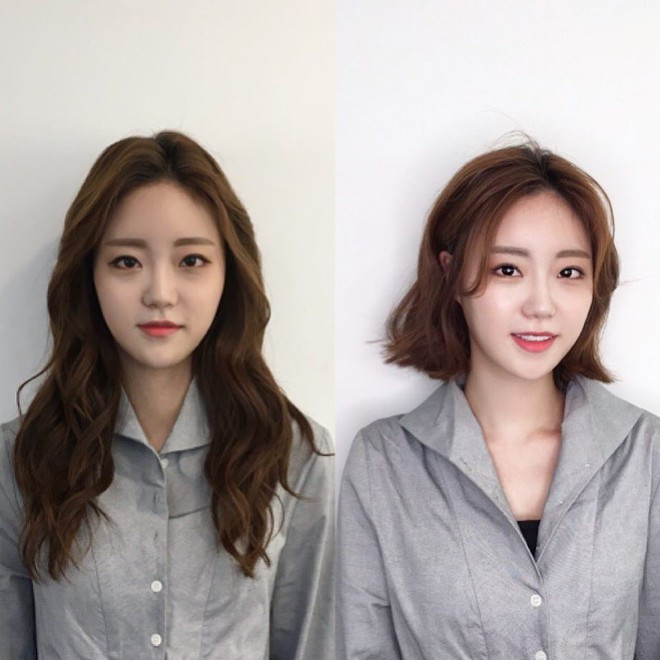 Thay đổi màu tóc vàng thành nâu sẫm và tạo kiểu tóc gợn sóng giúp cô gái này mang một vẻ đẹp dịu dàng. Tóc mái ngố giúp che đi vầng trán hơi cao rất hiệu quả.