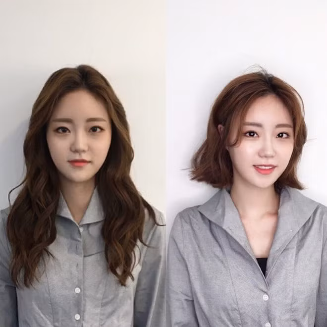 Thay đổi màu tóc vàng thành nâu sẫm và tạo kiểu tóc gợn sóng giúp cô gái này mang một vẻ đẹp dịu dàng. Tóc mái ngố giúp che đi vầng trán hơi cao rất hiệu quả.