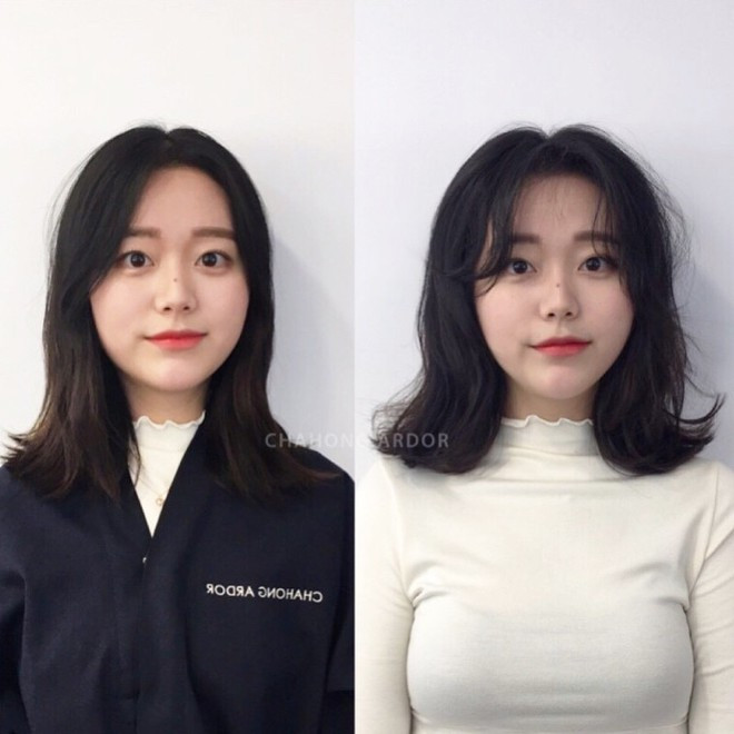 Một cô gái với mái tóc dài trông hơi rối và khuôn mặt dài (trái). Chuyển sang kiểu tóc xoăn sóng to là lựa chọn phù hợp vì nó làm cân đối khuôn mặt, tóc mái ngố tăng thêm nét trẻ trung cho vẻ ngoài của bạn gái.