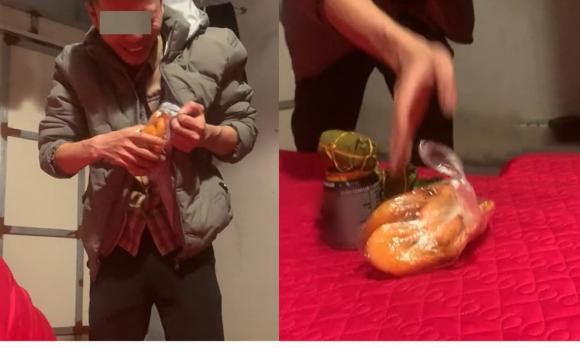 Chiến lợi phẩm khi đi ăn cỗ được ông chồng rút ra từ trong chiếc áo phao khiến nhiều người phải phì cười.