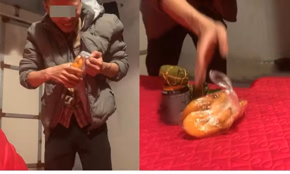 Chiến lợi phẩm khi đi ăn cỗ được ông chồng rút ra từ trong chiếc áo phao khiến nhiều người phải phì cười.