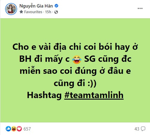 Mới đây trên facebook cá nhân, bạn gái Nguyễn Gia Hân của Hoàng Đức đã công khai hỏi địa điểm xem bói tại Biên Hòa.