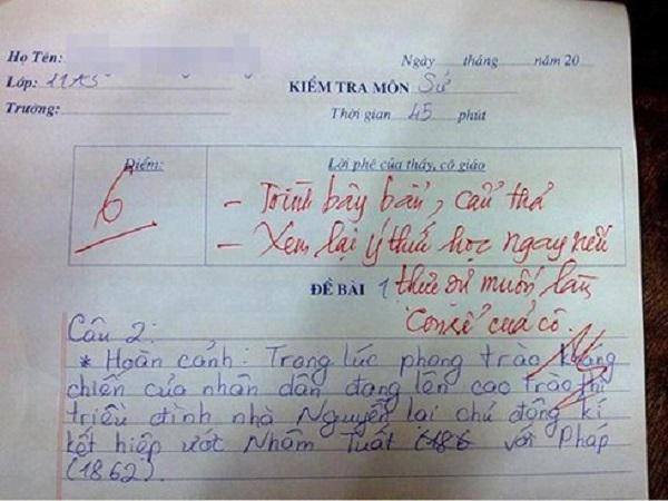 Một lời phê khác trong bài kiểm tra Lịch sử khiến người xem bật cười: "Trình bày bẩn, cẩu thả. Xem lại ý thức học ngay nếu thực sự muốn làm con rể của cô".