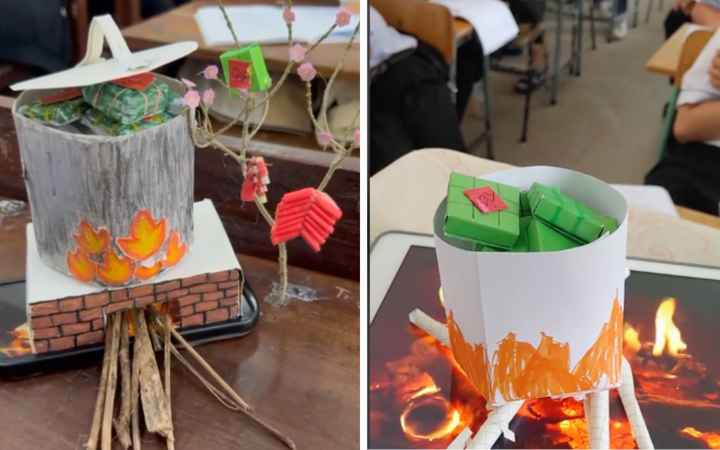 Với trí tưởng tượng sáng tạo "đỉnh nóc", bánh chưng, nồi, bếp và củi đều được teen làm từ giấy thủ công.
