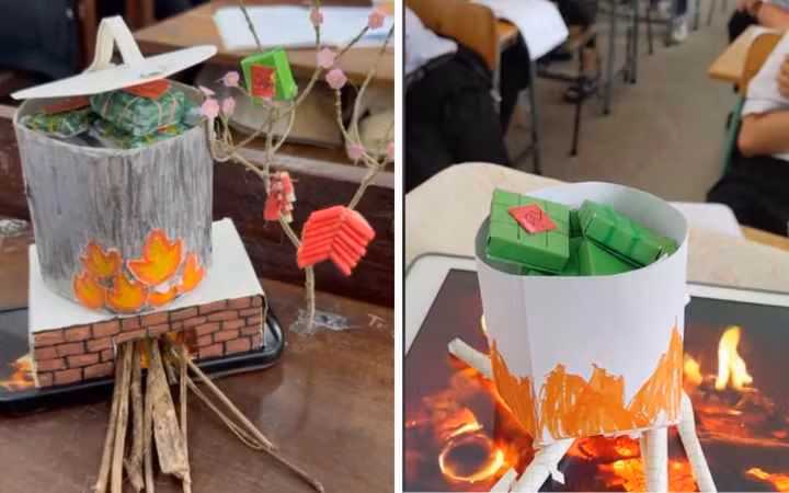 Với trí tưởng tượng sáng tạo "đỉnh nóc", bánh chưng, nồi, bếp và củi đều được teen làm từ giấy thủ công.