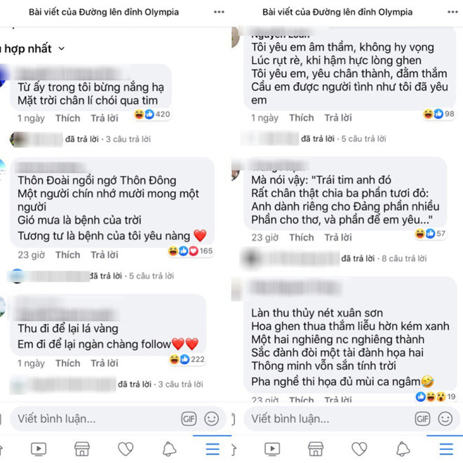 Trên fanpage game show Đường lên đỉnh Olympia, bức ảnh của nữ sinh này nhận được gần 10.000 lượt yêu thích, dân tình còn không quên "thả thính" bằng thơ cực ngọt dành cho cô gái xinh đẹp này.