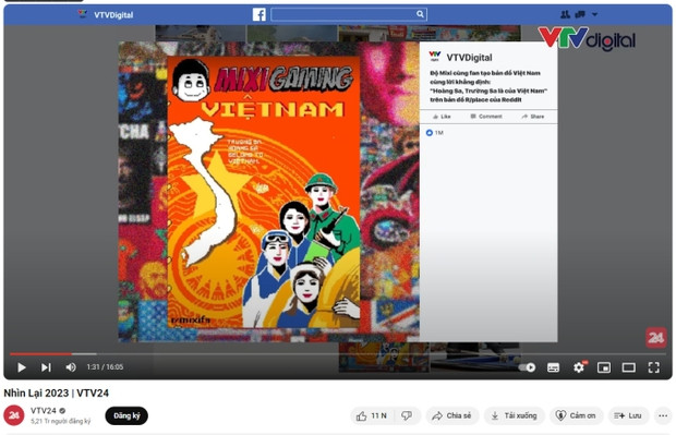 Theo đó, trong lần xuất hiện trên sóng VTV này, nam streamer nổi tiếng "góp mặt" cùng với dự án Vẽ bản đồ Việt Nam có Hoàng Sa, Trường Sa trên sự kiện r/place trên diễn đàn Reddit.