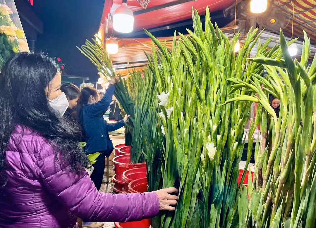 Hàng nghìn người đổ về chợ hoa đêm Quảng An tạo nên bầu không khí nhộn nhịp và nhiều màu sắc.