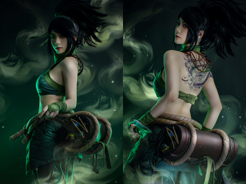 Không chỉ trang phục, người đẹp cũng chú trọng đến việc trang điểm và tạo dáng, nhằm mô phỏng lại thần thái và khí chất của Akali thật chính xác.