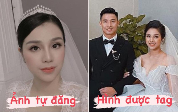 Mới đây, ảnh cưới khi tự đăng và lúc được tag của Nguyễn Khánh Linh - bà xã trung vệ Bùi Tiến Dũng đã được hội thích soi đặt lên so sánh.