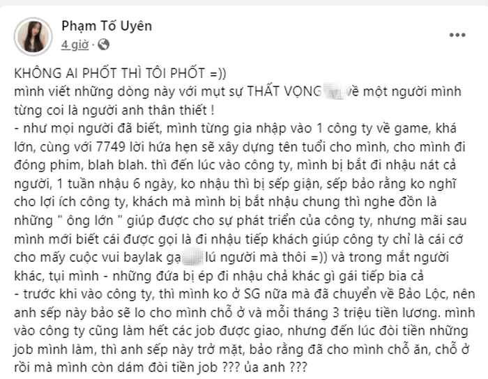 Theo chia sẻ của Cô Chip, người sếp này có hàng loạt hành vi sai trái như gạ tình nhân viên, ép nhân viên nhậu nhẹt thường xuyên và ăn chặn tiền.